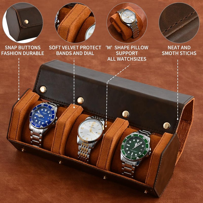 ROSELLE Luxury Leather Watch Roll Travel Case for Men and Women,Travel Watch Case Holds 3 Watches Storage & Display,Designed for steel watch bands &leather metal rubber and bracelets (3 Slot-Hexagon, Brown) - Image 5